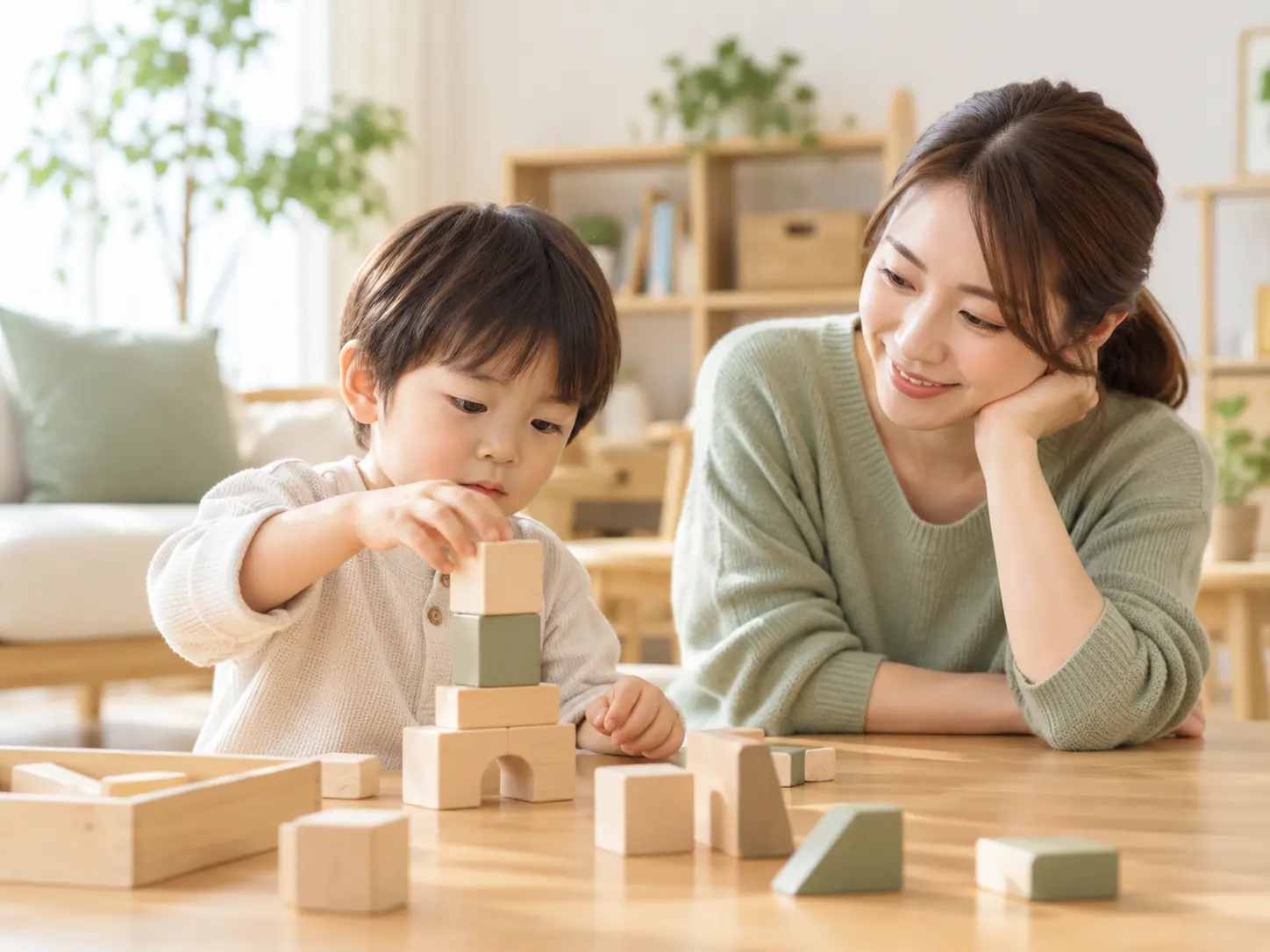孩子專心進行積木活動，成人在旁陪伴觀察