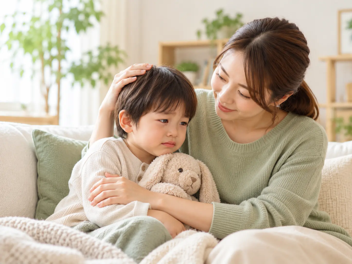 孩子情緒低落時，成人在旁安撫與陪伴