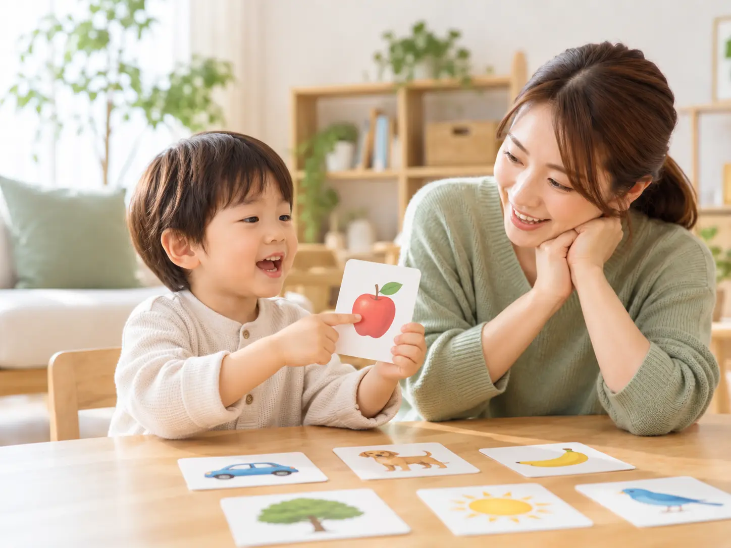 孩子使用圖卡表達，成人在旁聆聽互動