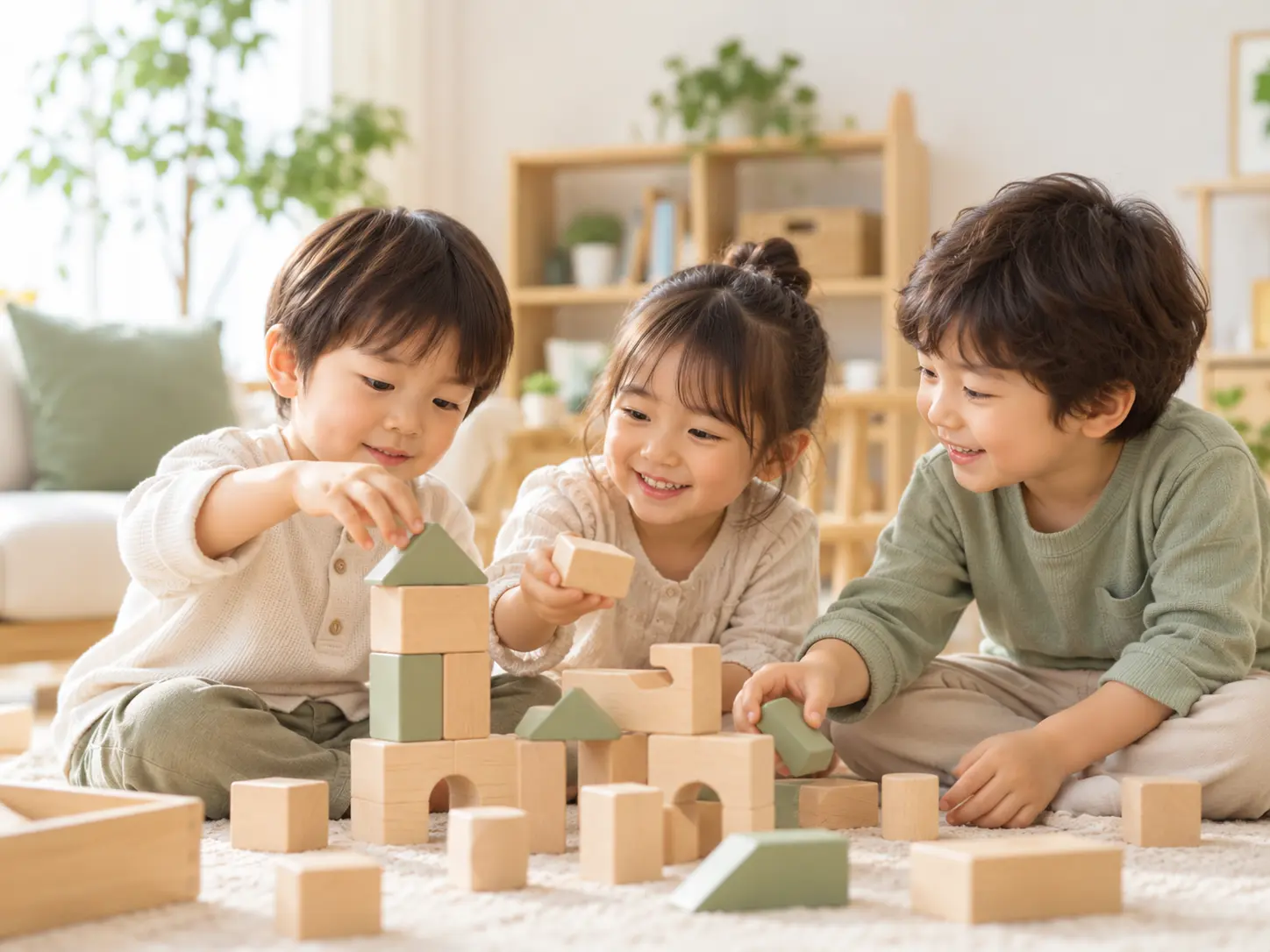 孩子們一起使用積木進行合作遊戲